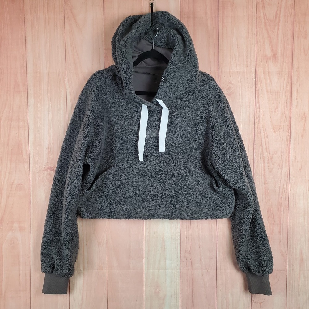 Gymshark Womens Cropped Hoodie Sz Medium Gray Sherpa Fleece Training Pullover